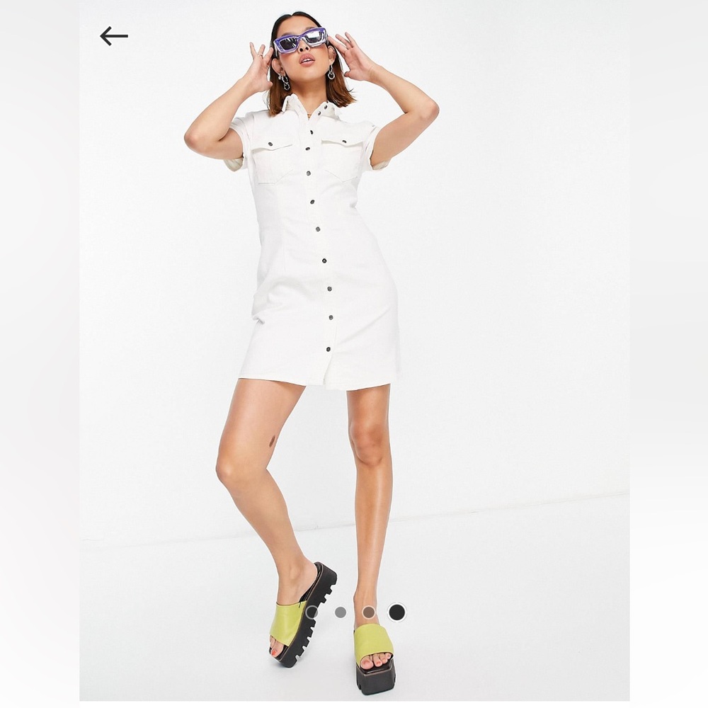Denim mini dress with pockets in white